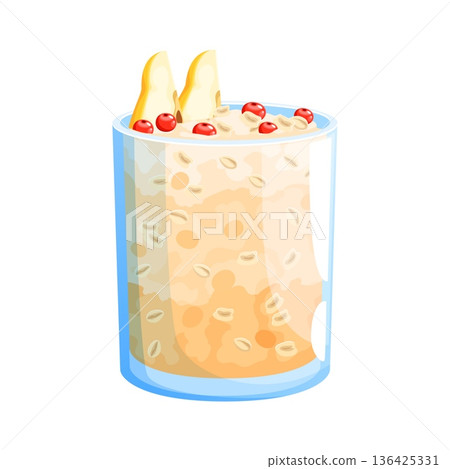 Cartoon oatmeal porridge dessert in transparent glass topped with pear fruit slices and berries. Healthy vector cereal breakfast meal. Creamy oat meal with grains, isolated nutrition and morning food Cartoon oatmeal porridge dessert in transparent glass topped with pear fruit slices and berries. Healthy vector cereal breakfast meal. Creamy oat meal with grains, isolated nutrition and morning food 136425331