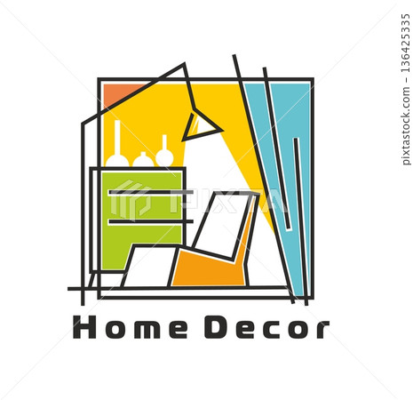 Home interior decor and furniture emblem icon. Vector geometric home decor icon with an orange armchair, green dresser, and blue curtain with glowing floor lamp. Emblem for interior design companies 136425335