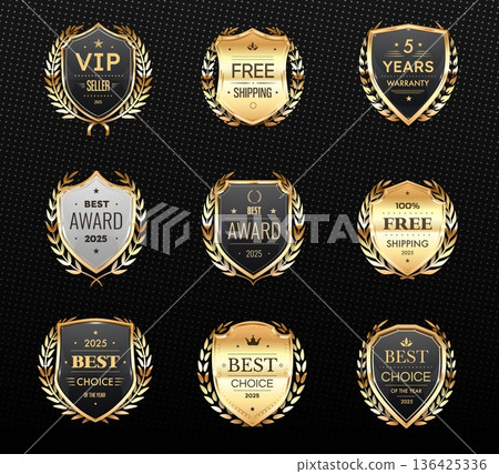 Golden shield badges and labels, award marks with laurel wreaths. Realistic 3D vector badges with luxury details for awards, certificates, business branding, or premium product labels 136425336