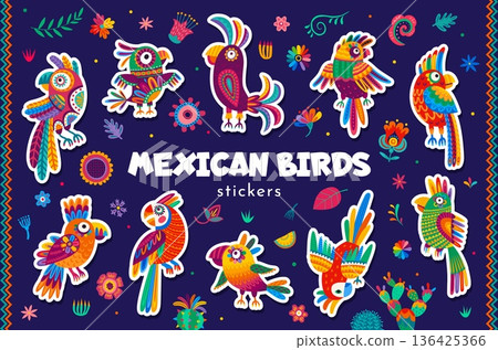 Cartoon mexican parrot birds stickers pack. Brazil rainforest ornate parrot vector sticker, Mexican fauna colorful animal label. Tropical jungle funny bird sticker patch or exotic cute fauna tag 136425366