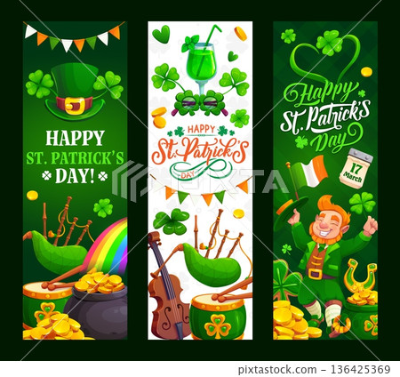 Happy St Patrick s Day holiday banners with leprechaun in green hat, golden treasure in black pot, trefoil shamrock clover leaf, horseshoe, rainbow, bagpipe, flag of Ireland on green background 136425369