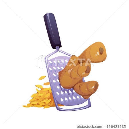 Ginger root being grated on metal grater with fresh slices and shavings showing cooking process or ingredient preparation. Cartoon vector kitchen utensil with spice root emphasizing culinary food prep Ginger root being grated on metal grater with fresh slices and shavings showing cooking process or ingredient preparation. Cartoon vector kitchen utensil with spice root emphasizing culinary food prep 136425385
