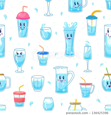 Cartoon fresh water drinks seamless pattern with cute characters including glass, jug and straw cup. Vector seamless pattern for healthy lifestyle background, eco friendly packaging and textile design 136425396