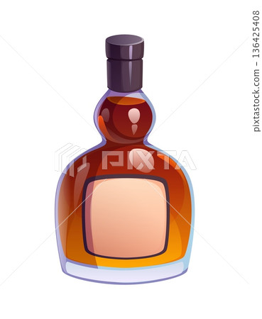 Cartoon whiskey drink alcohol beverage. Dark brown liquor bottle with a wide rounded base and slim neck isolated on white. Vector whiskey, rum or brandy glass bottle with blank label, bar menu product Cartoon whiskey drink alcohol beverage. Dark brown liquor bottle with a wide rounded base and slim neck isolated on white. Vector whiskey, rum or brandy glass bottle with blank label, bar menu product 136425408