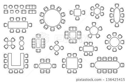 Conference, event, cafe and restaurant seat plan with various banquet and meeting tables and chairs. Flexible event seat planning options for wedding and business events Conference, event, cafe and restaurant seat plan with various banquet and meeting tables and chairs. Flexible event seat planning options for wedding and business events 136425415