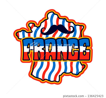 France map retro Y2K sticker or tag. Europe country travel souvenir Y2K vector label, European nation flag colors tag. France tourism sticker with map striped silhouette, mustaches and typography France map retro Y2K sticker or tag. Europe country travel souvenir Y2K vector label, European nation flag colors tag. France tourism sticker with map striped silhouette, mustaches and typography 136425423
