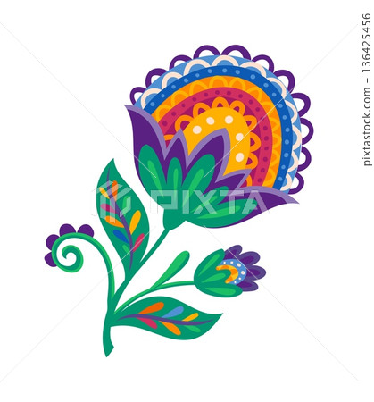 Mexican folklore holiday spring flower element with big ornate bud and leaves. Hispanic culture nature element, Latin American flower vector decor. Mexico ethnic colorful plant isolated object 136425456