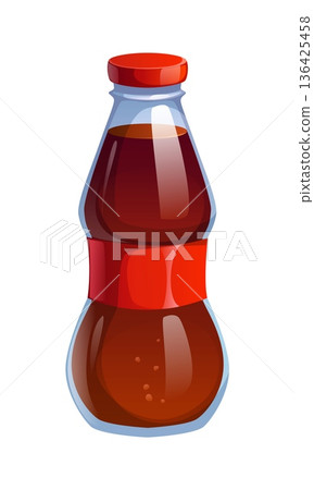 Cartoon soda drink beverage with dark fizzy drink and shows rising bubbles inside. Soda bottle with a red cap a wide label wrapped around the middle. Vector summer cold drink in transparent bottle 136425458