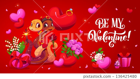 Be my Valentine greeting card with cute snakes couple and gifts, romantic love holiday. Cartoon snakes characters hugging with pink hearts, flowers, gift boxes and wedding ring, Valentines love card Be my Valentine greeting card with cute snakes couple and gifts, romantic love holiday. Cartoon snakes characters hugging with pink hearts, flowers, gift boxes and wedding ring, Valentines love card 136425480