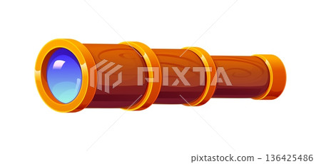 Cartoon pirate spyglass icon, vintage nautical Isolated navigation instrument for looking on distance. Captain or sailor optical spyglass, naval equipment, marine retro glass item 136425486