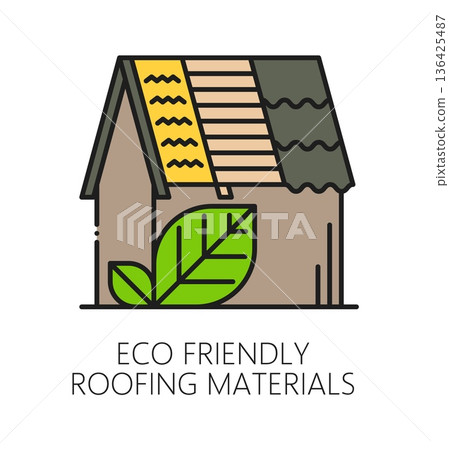 Home roof eco friendly materials repair line icon or sign. Cottage construction ecological materials sign, house roof renovation vector pictogram. Property roofing service symbol or outline icon 136425487