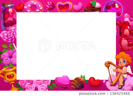 Valentine Day holiday greeting card template with vector background frame of romantic love gifts and Cupid character. Cartoon hearts, balloons, rose flowers and sweets Valentines Day greeting card 136425488