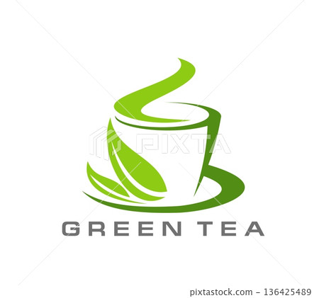 Green herbal tea icon, cafe hot drink emblem. Green tea shop graphic icon. Herbal beverage vector symbol, restaurant drink menu sign. Natural green tea brand icon with green leaf, cup and vapor Green herbal tea icon, cafe hot drink emblem. Green tea shop graphic icon. Herbal beverage vector symbol, restaurant drink menu sign. Natural green tea brand icon with green leaf, cup and vapor 136425489