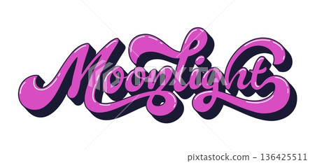 Funky hippie vintage moonlight handwritten typography. Funky hippie motivational typography, retro handwritten vector phrase text. Groovy inspiring script or vintage glossy purple quote 136425511