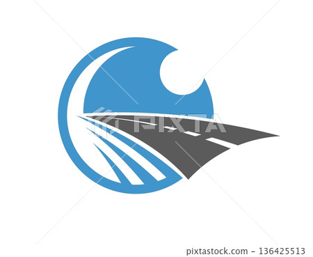Night highway road vector symbol, asphalt route icon. Winding road framed by blue circular shape with rising sun. Logistics, driving school, navigation app, car rental pathway icon Night highway road vector symbol, asphalt route icon. Winding road framed by blue circular shape with rising sun. Logistics, driving school, navigation app, car rental pathway icon 136425513