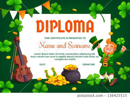 Kids diploma with funny leprechaun and St Patrick s day shamrock clovers, horseshoe, pot with gold under garland of Irish flag colors. Cartoon certificate template with flying green clover leaves Kids diploma with funny leprechaun and St Patrick s day shamrock clovers, horseshoe, pot with gold under garland of Irish flag colors. Cartoon certificate template with flying green clover leaves 136425515