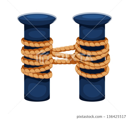 Pirate font cartoon mooring post and rope letter H. Pirate marine sailing font element, piracy nautical type vector letter. Maritime typeface sign or symbol with port berth mooring posts Pirate font cartoon mooring post and rope letter H. Pirate marine sailing font element, piracy nautical type vector letter. Maritime typeface sign or symbol with port berth mooring posts 136425517