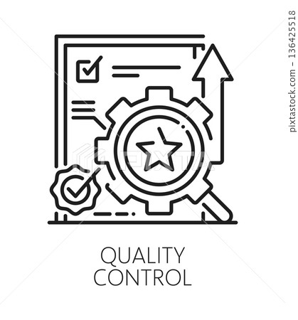Product quality control inspection line icon or sign. Product regulatory inspection icon, standards approval vector symbol. Regulation control sign or pictogram with magnifying glass and cogwheels 136425518