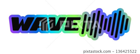 Sound wave hologram retro Y2K sticker or label. Gradient chrome iridescent vintage label, glossy hologram Y2K vector sticker. Metallic color foil tag with music audio wave and typography 136425522