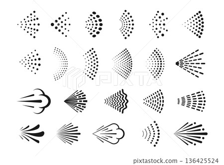 Spray vector icons of water shower nozzle, air, steam or paint sprayer. Deodorant aerosol, humidifier vapour or sprinkler spray isolated line icons with mist, clouds, drops and stream effects 136425524