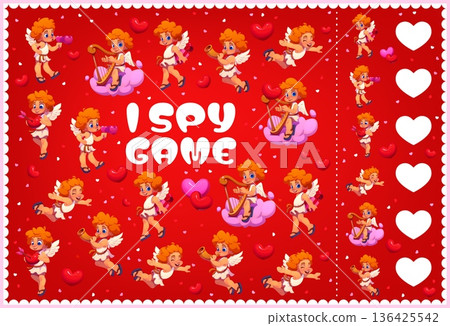 I spy game worksheet with Valentines Day cherub Cupids characters. Romantic love holiday I spy game vector puzzle quiz with cartoon Cupid angels, pierced hearts and Valentines Day gift boxes 136425542