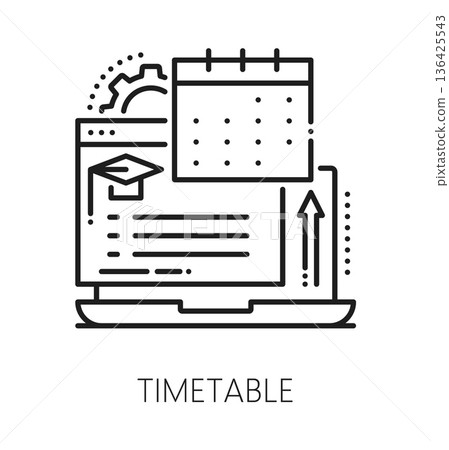 Online education timetable line icon or label. Online education webinar line icon, web courses school vector symbol. E-learning classes sign with laptop, student schedule calendar and graduation hat 136425543