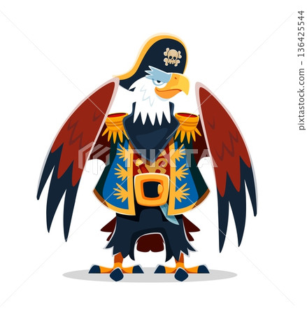 Cartoon eagle animal pirate crew character in captain tricorn hat and admiral attire. Vector nautical avian corsair personage embodying maritime adventure. Isolated vector falcon bird buccaneer rover 136425544
