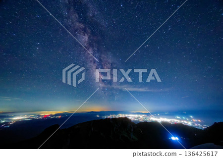 View of the summer Milky Way and the city lights of the Shonai Plain from Mount Chokai View of the summer Milky Way and the city lights of the Shonai Plain from Mount Chokai 136425617