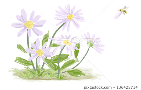Watercolor spring flowers and bees 136425714