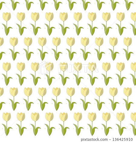 Tulip floral pattern flowers with green leaves on a light background. Perfect for spring design, fabric, wallpaper, wrapping paper, packaging, and decorative surface projects Tulip floral pattern flowers with green leaves on a light background. Perfect for spring design, fabric, wallpaper, wrapping paper, packaging, and decorative surface projects 136425910