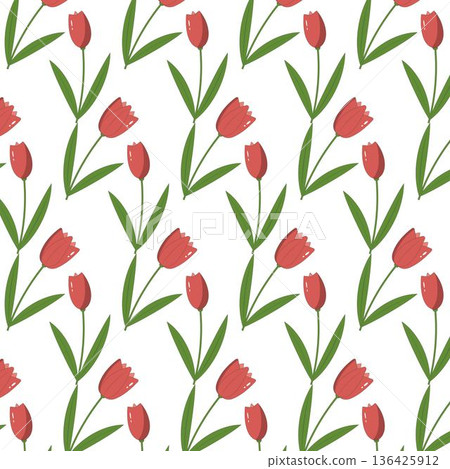 Tulip floral pattern flowers with green leaves on a light background. Perfect for spring design, fabric, wallpaper, wrapping paper, packaging, and decorative surface projects Tulip floral pattern flowers with green leaves on a light background. Perfect for spring design, fabric, wallpaper, wrapping paper, packaging, and decorative surface projects 136425912