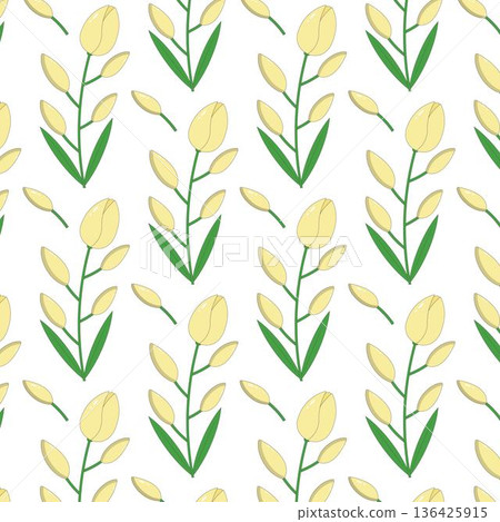 Tulip floral pattern flowers with green leaves on a light background. Perfect for spring design, fabric, wallpaper, wrapping paper, packaging, and decorative surface projects Tulip floral pattern flowers with green leaves on a light background. Perfect for spring design, fabric, wallpaper, wrapping paper, packaging, and decorative surface projects 136425915