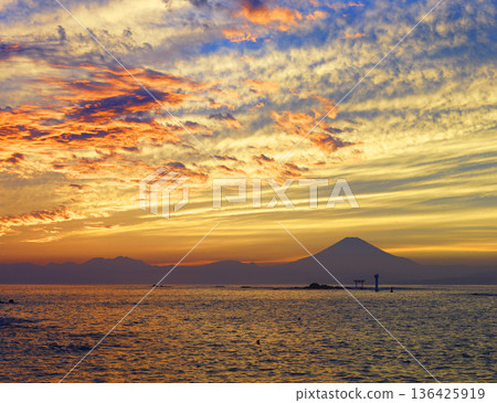View of Mount Fuji from Manase Beach at dusk, Hayama Town, Kanagawa Prefecture View of Mount Fuji from Manase Beach at dusk, Hayama Town, Kanagawa Prefecture 136425919