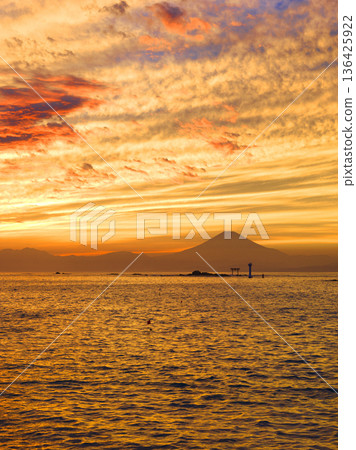View of Mount Fuji from Manase Beach at dusk, Hayama Town, Kanagawa Prefecture View of Mount Fuji from Manase Beach at dusk, Hayama Town, Kanagawa Prefecture 136425922