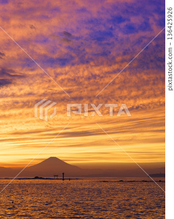 View of Mount Fuji from Manase Beach at dusk, Hayama Town, Kanagawa Prefecture View of Mount Fuji from Manase Beach at dusk, Hayama Town, Kanagawa Prefecture 136425926