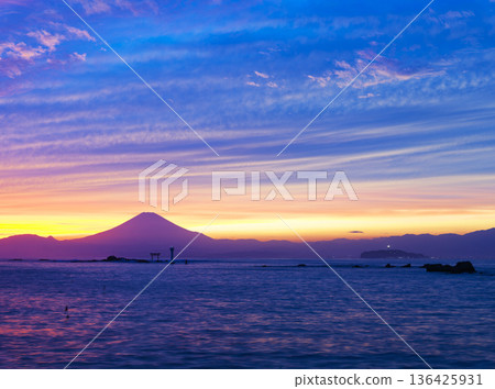View of Mount Fuji from Manase Beach at dusk, Hayama Town, Kanagawa Prefecture View of Mount Fuji from Manase Beach at dusk, Hayama Town, Kanagawa Prefecture 136425931