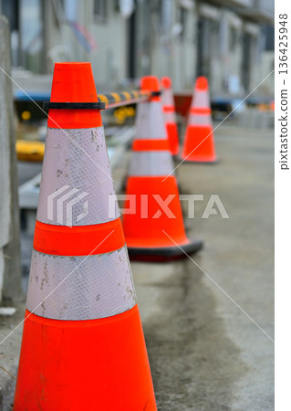 Traffic cones installed at a construction site Traffic cones installed at a construction site 136425948