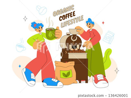 Organic Coffee Lifestyle Vector Illustration Featuring Natural Beans, Eco-Friendly Vibes, And A Healthy Morning Routine in a Flat Background Organic Coffee Lifestyle Vector Illustration Featuring Natural Beans, Eco-Friendly Vibes, And A Healthy Morning Routine in a Flat Background 136426001
