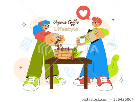 Organic Coffee Lifestyle Vector Illustration Featuring Natural Beans, Eco-Friendly Vibes, And A Healthy Morning Routine in a Flat Background Organic Coffee Lifestyle Vector Illustration Featuring Natural Beans, Eco-Friendly Vibes, And A Healthy Morning Routine in a Flat Background 136426004
