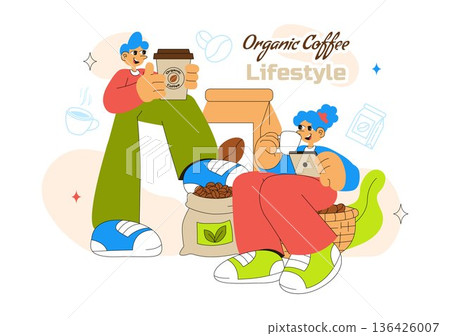 Organic Coffee Lifestyle Vector Illustration Featuring Natural Beans, Eco-Friendly Vibes, And A Healthy Morning Routine in a Flat Background Organic Coffee Lifestyle Vector Illustration Featuring Natural Beans, Eco-Friendly Vibes, And A Healthy Morning Routine in a Flat Background 136426007