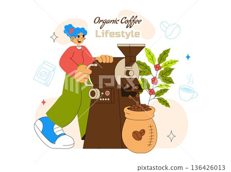 Organic Coffee Lifestyle Vector Illustration Featuring Natural Beans, Eco-Friendly Vibes, And A Healthy Morning Routine in a Flat Background Organic Coffee Lifestyle Vector Illustration Featuring Natural Beans, Eco-Friendly Vibes, And A Healthy Morning Routine in a Flat Background 136426013