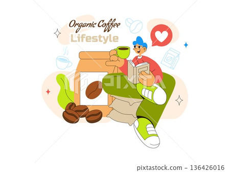 Organic Coffee Lifestyle Vector Illustration Featuring Natural Beans, Eco-Friendly Vibes, And A Healthy Morning Routine in a Flat Background Organic Coffee Lifestyle Vector Illustration Featuring Natural Beans, Eco-Friendly Vibes, And A Healthy Morning Routine in a Flat Background 136426016