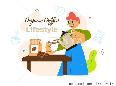 Organic Coffee Lifestyle Vector Illustration Featuring Natural Beans, Eco-Friendly Vibes, And A Healthy Morning Routine in a Flat Background Organic Coffee Lifestyle Vector Illustration Featuring Natural Beans, Eco-Friendly Vibes, And A Healthy Morning Routine in a Flat Background 136426017