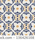 Elegant damask seamless pattern with floral geometric elements in navy blue and mustard gold colors 136426108