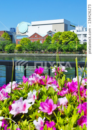 A view of a bridge from a riverside park in Osaka City 136426273