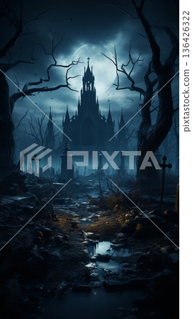 A spooky cemetery with a castle under a foggy night sky. Halloween background vertical banner. 136426322