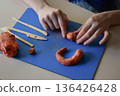 Children sculpting natural clay flat lay step 1 preparing material and tools for creative educational activity handmade craft fine motor skills development learning concept 136426428