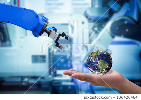 Close-up human hand who sending Globe Earth to industrial robotic automation for working Close-up human hand who sending Globe Earth to industrial robotic automation for working 136426464