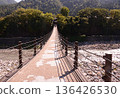 An old suspension bridge spanning the mountains and a valley 136426530