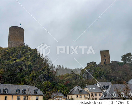Esch-Sur-Sure, Wiltz, Grand Duche De Luxembourg, December 7, 2025, Majestic landscape with stone 136426638